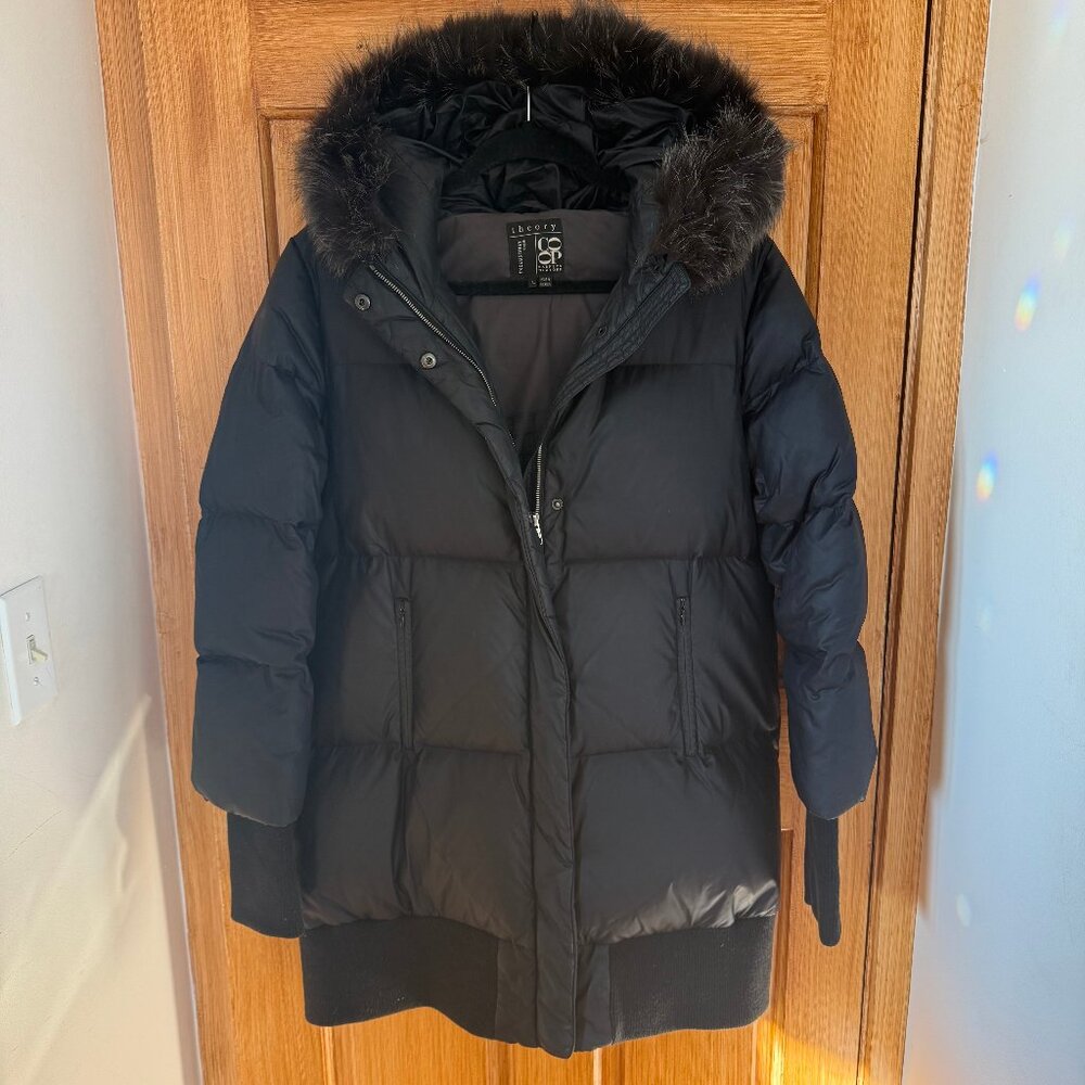 Theory for Coop Barney’s New York, Puffer Coat w Fox Trimmed Hood, Black, L